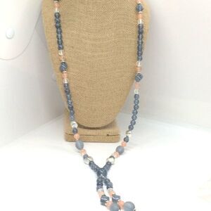 VINTAGE LUCITE NECKLACE PLASTIC LONG DANGLE Y BEAD GRAY PINK 70s 80s Boho